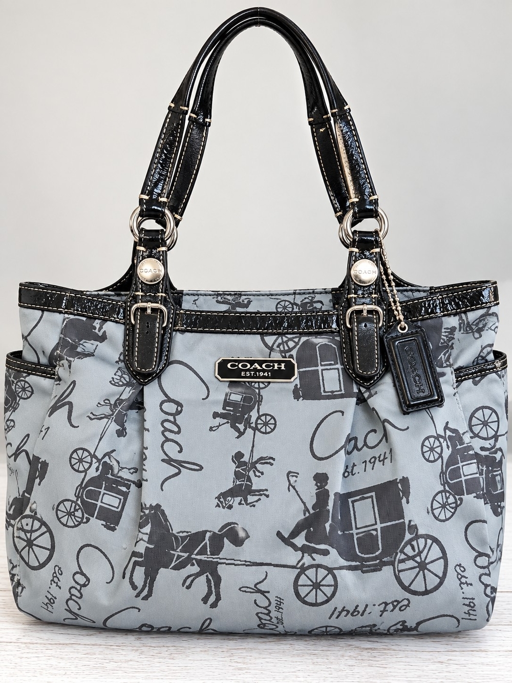 Coach F16563 Horse & Carriage East West Gallery Tote Gray Black Patent Leather